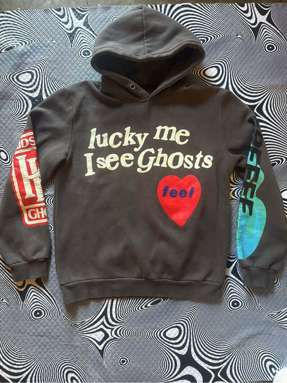 Black "Lucky Me I See Ghosts" Pullover Hoodie with Red Heart Graphic
